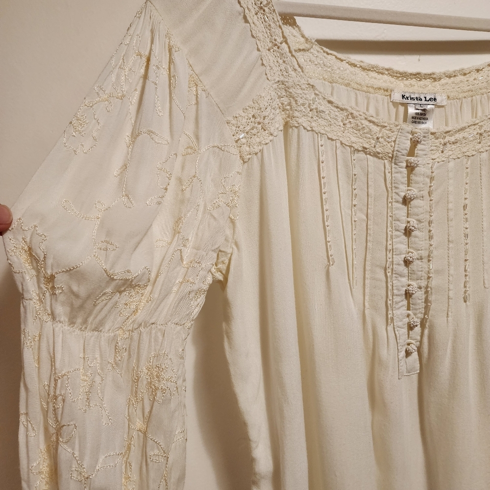Krista Lee Embroidered Sequined Cream Lace Detail Women's Blouse Lg - Picture 4 of 13